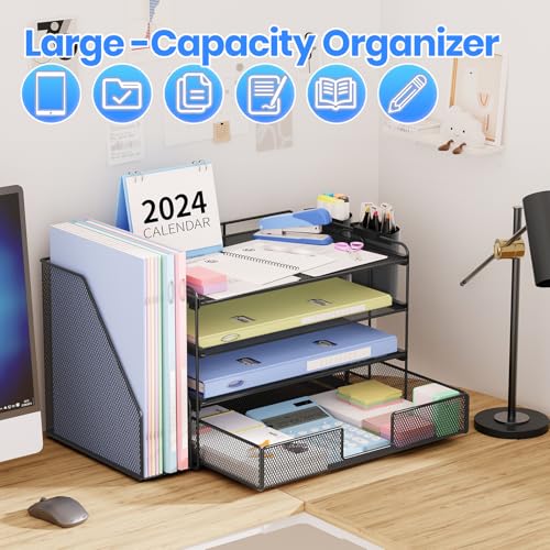 OPNICE Desk Organizer, 4-Tier Desktop File Organizer with Drawer and Essentials